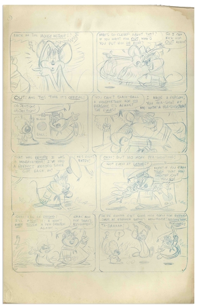 Sheldon Mayer Original Hand-Drawn ''The Three Mouseketeers'' Draft -- Minus Saves Fatsy & Patsy From the Rooster!